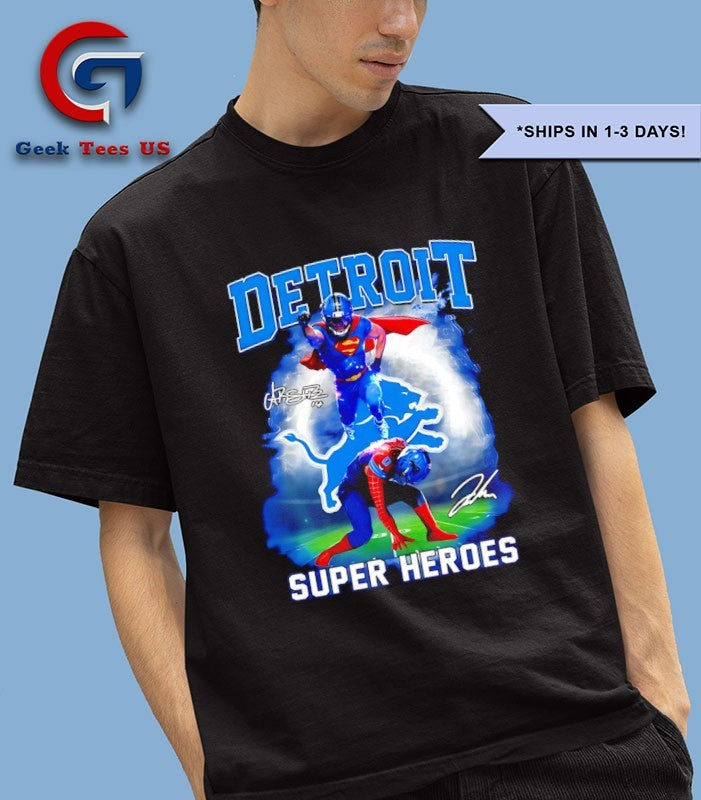 Amon-Ra St. Brown Super Man Jahmyr Gibbs Detroit Lions Super Heroes 2025 signature shirt