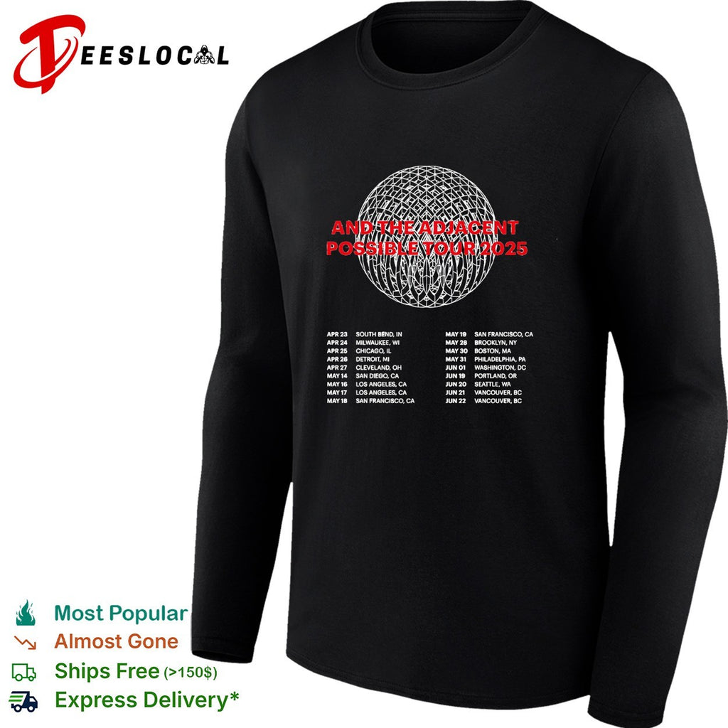 And the adjacent possible tour 2025 poster with intricate geometric sphere pattern shirt
