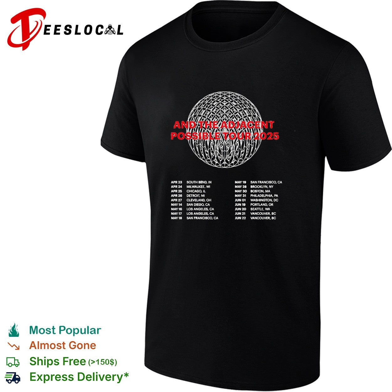 And the adjacent possible tour 2025 poster with intricate geometric sphere pattern shirt