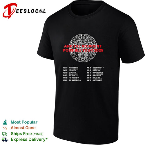 And the adjacent possible tour 2025 poster with intricate geometric sphere pattern shirt