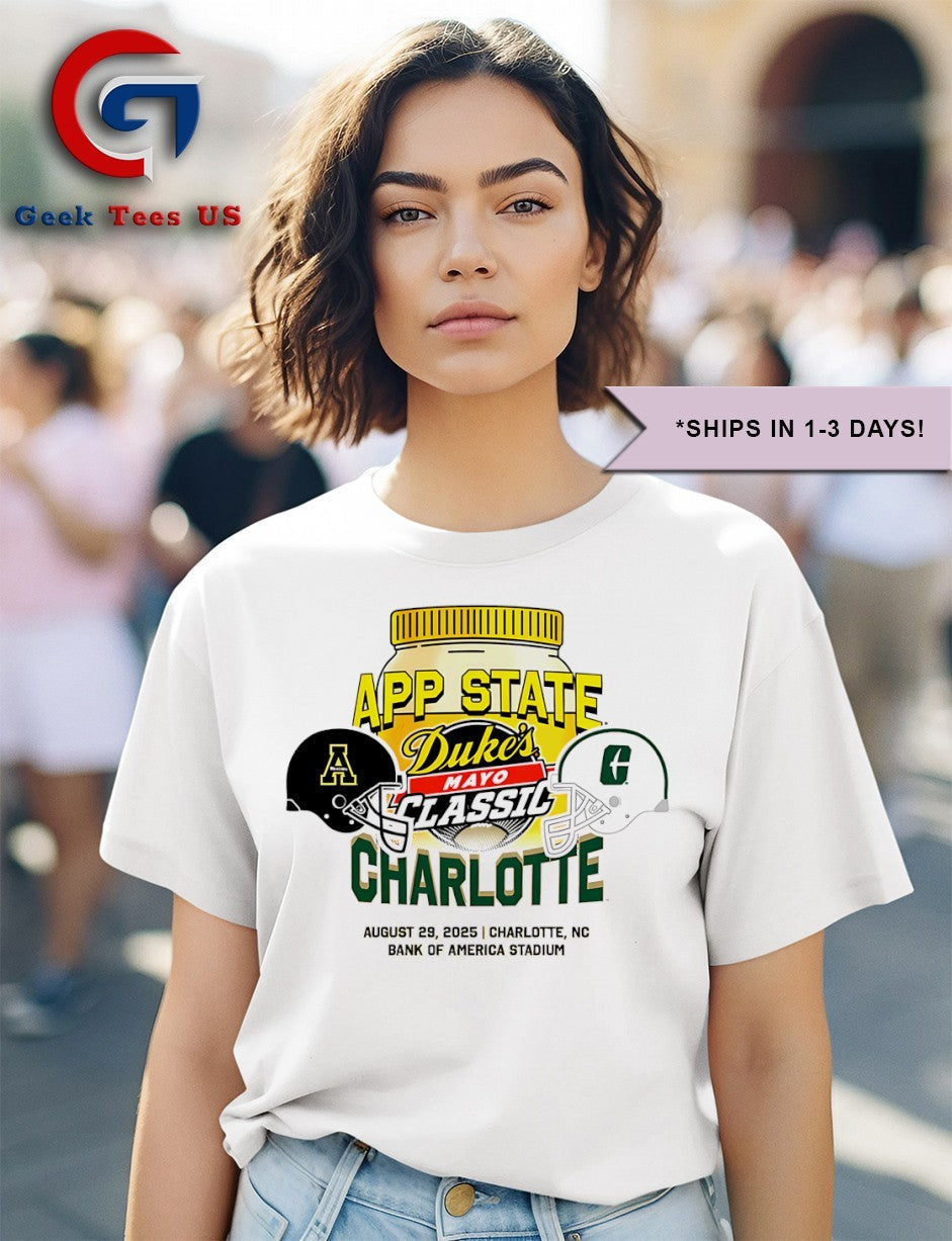 Appalachian State Mountaineers vs Charlotte 49ers Duke’s Mayo Classic 2025 helmet shirt