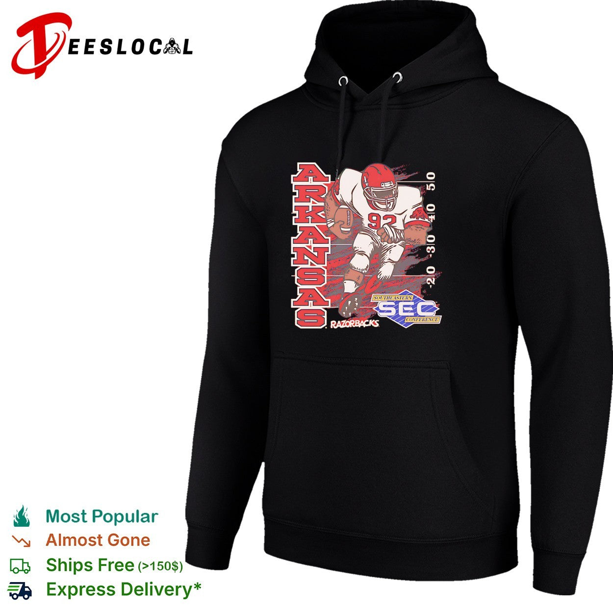 Arkansas Razorbacks football player number 92 running SEC conference shirt