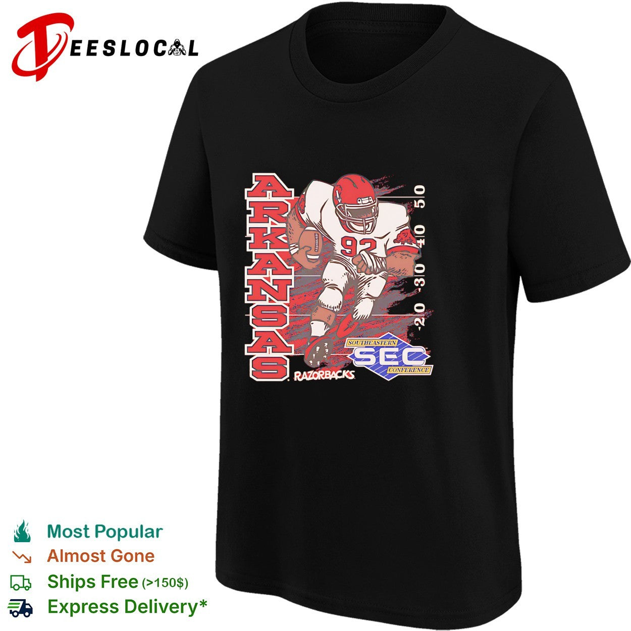 Arkansas Razorbacks football player number 92 running SEC conference shirt
