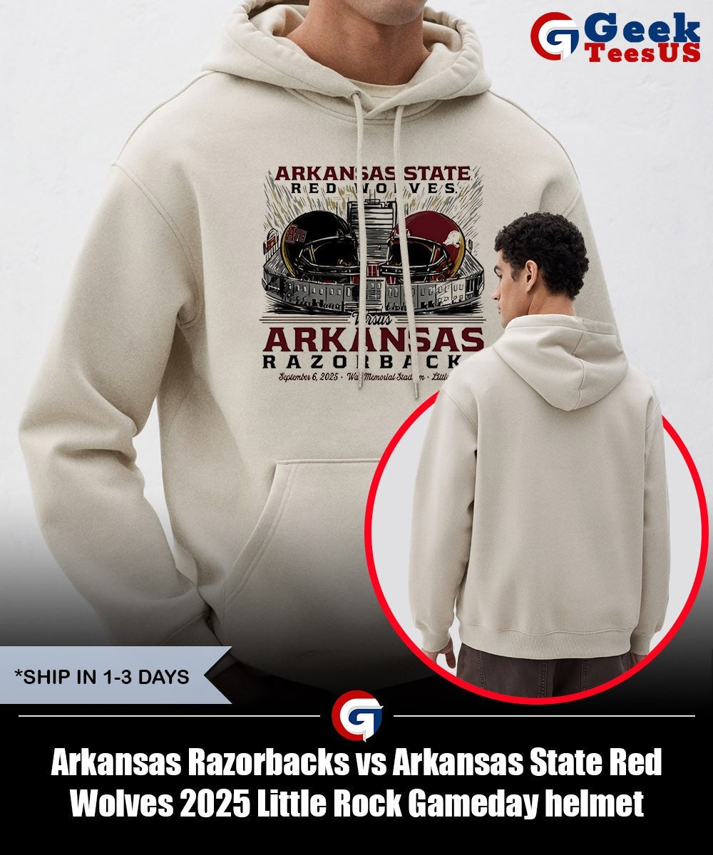 Arkansas Razorbacks vs Arkansas State Red Wolves 2025 Little Rock Gameday helmet shirt
