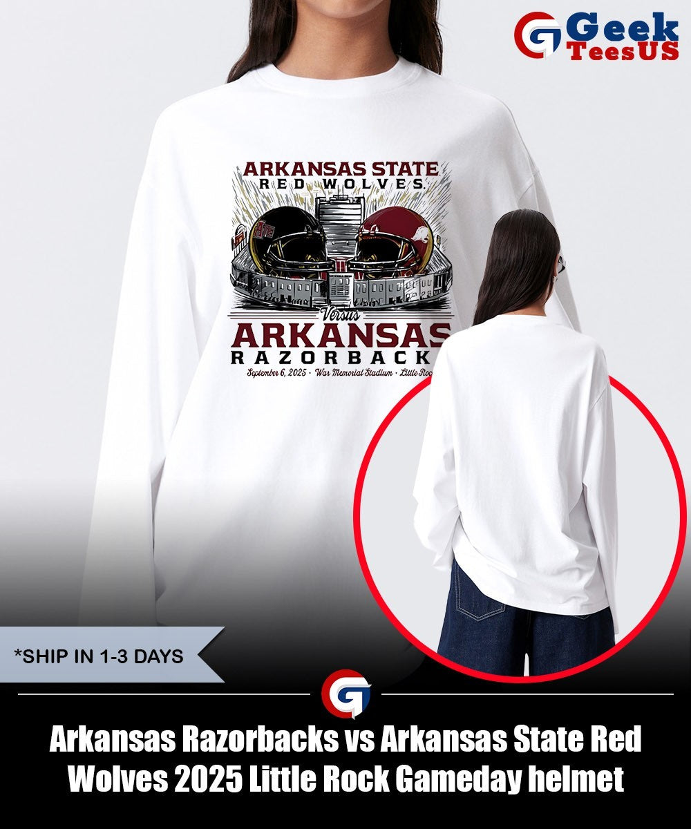 Arkansas Razorbacks vs Arkansas State Red Wolves 2025 Little Rock Gameday helmet shirt