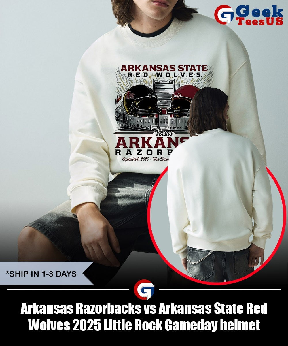 Arkansas Razorbacks vs Arkansas State Red Wolves 2025 Little Rock Gameday helmet shirt