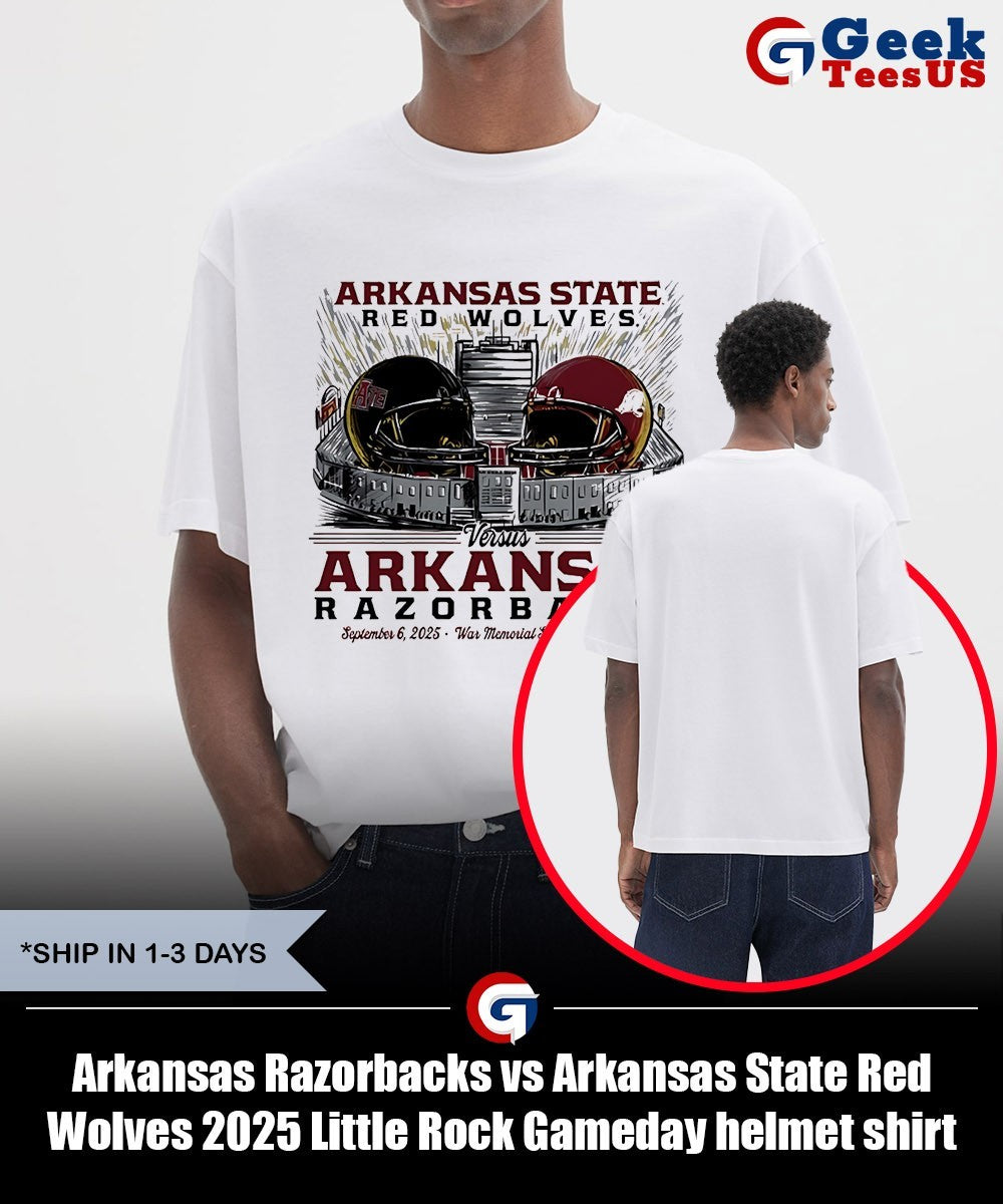Arkansas Razorbacks vs Arkansas State Red Wolves 2025 Little Rock Gameday helmet shirt