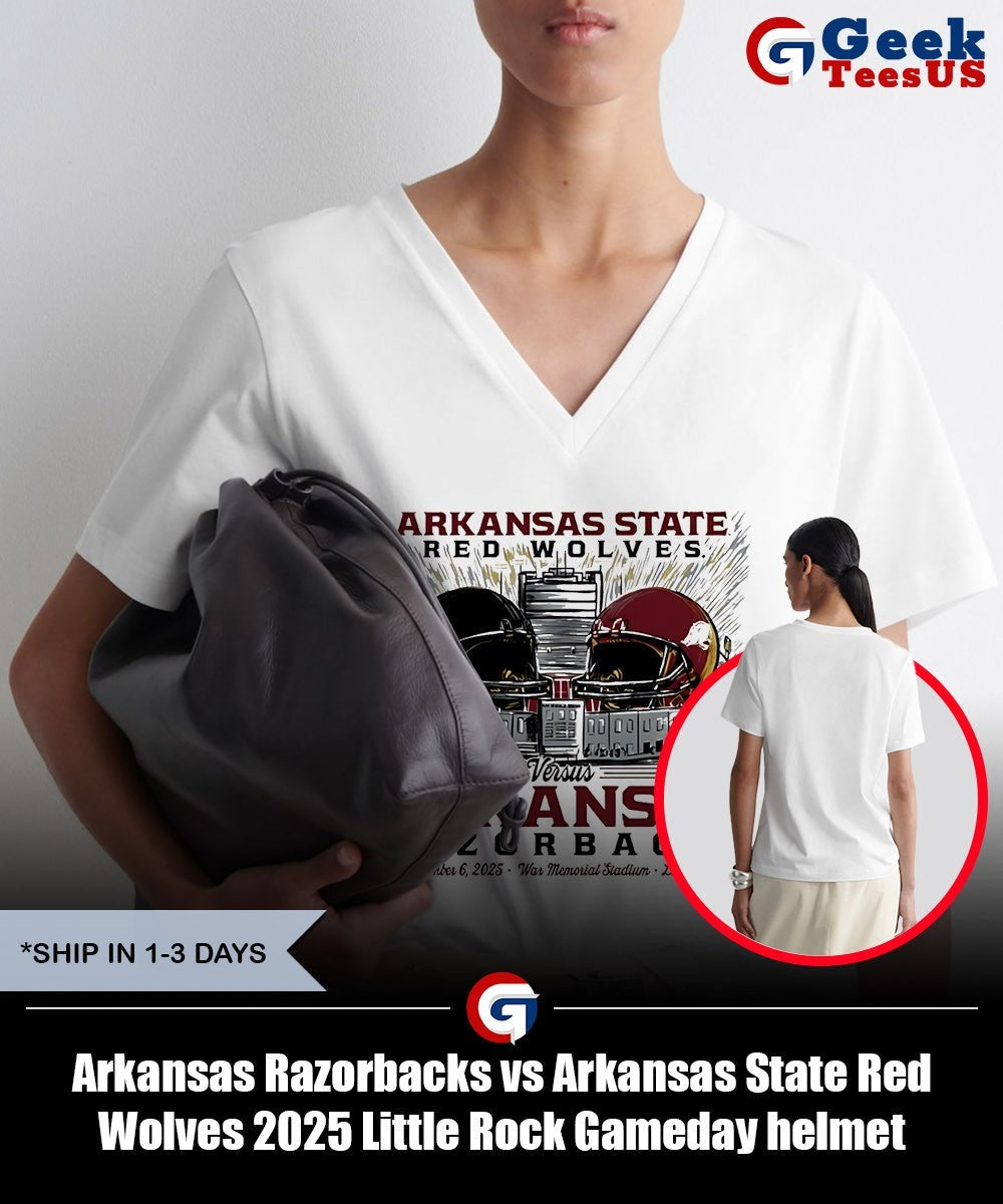 Arkansas Razorbacks vs Arkansas State Red Wolves 2025 Little Rock Gameday helmet shirt