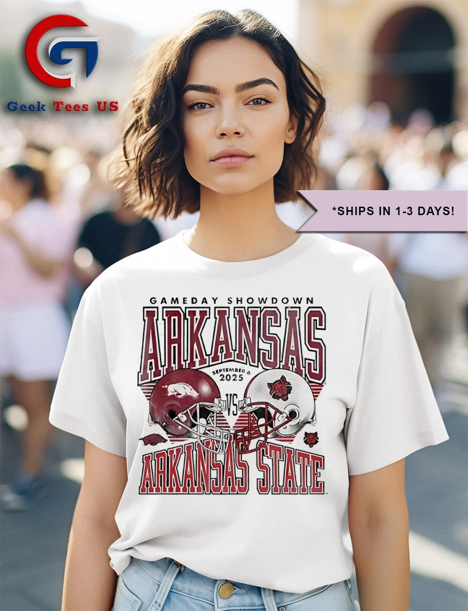 Arkansas Razorbacks vs Arkansas State Red Wolves football Gameday Showdown 2025 helmet shirt
