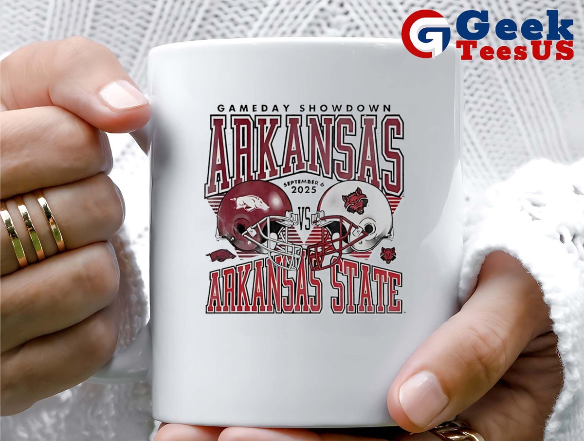 Arkansas Razorbacks vs Arkansas State Red Wolves football Gameday Showdown 2025 helmet shirt