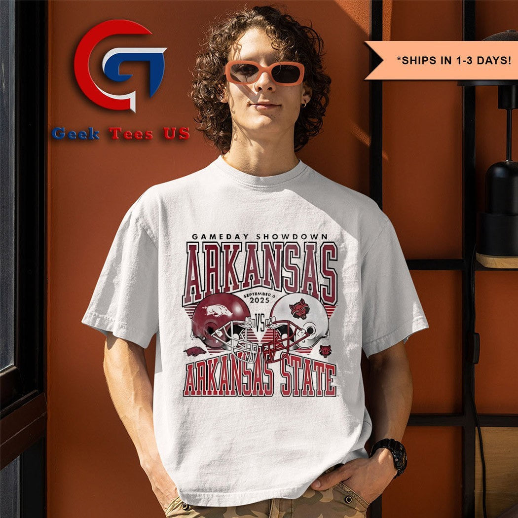 Arkansas Razorbacks vs Arkansas State Red Wolves football Gameday Showdown 2025 helmet shirt