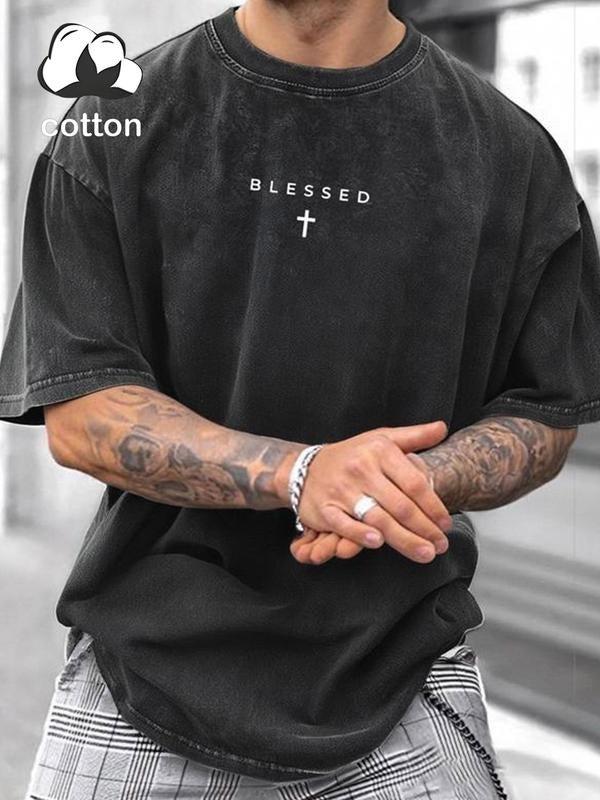 "BLESSED" Christian cotton street retro style fashion trend fried snowflake T-shirt men's tops
