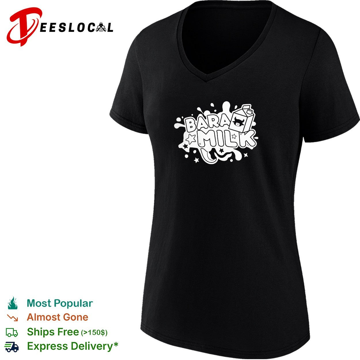 Bara Milk splash logo with cow face milk carton box and scattered stars shirt