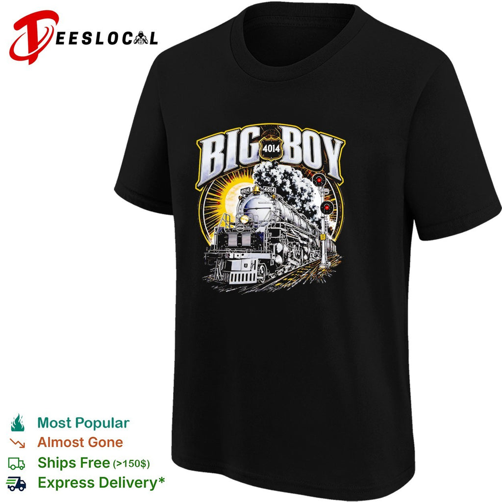 Big Boy 4014 steam locomotive train billowing smoke railway signal lights shirt