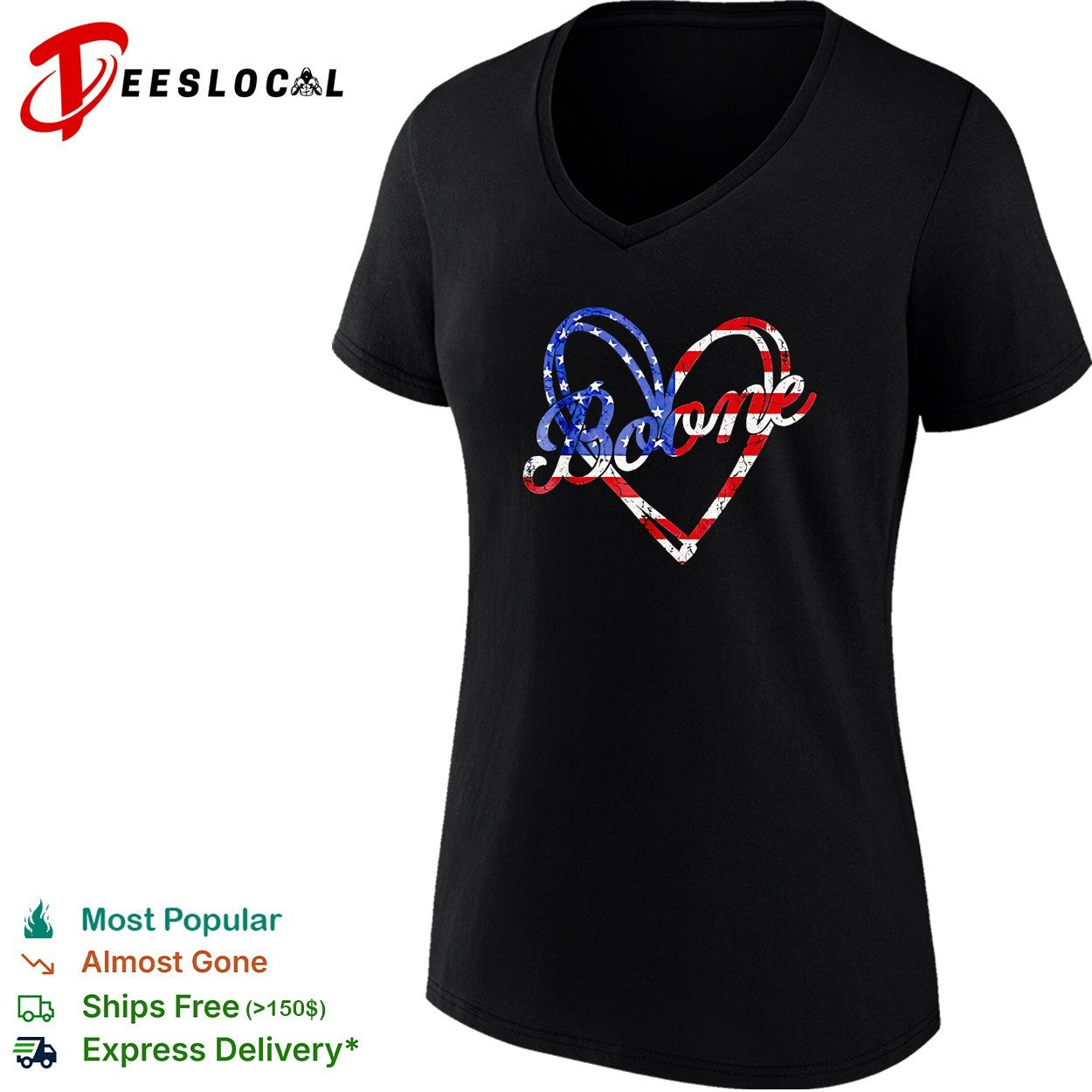 Boone cursive script name traced inside American flag heart shape outline shirt
