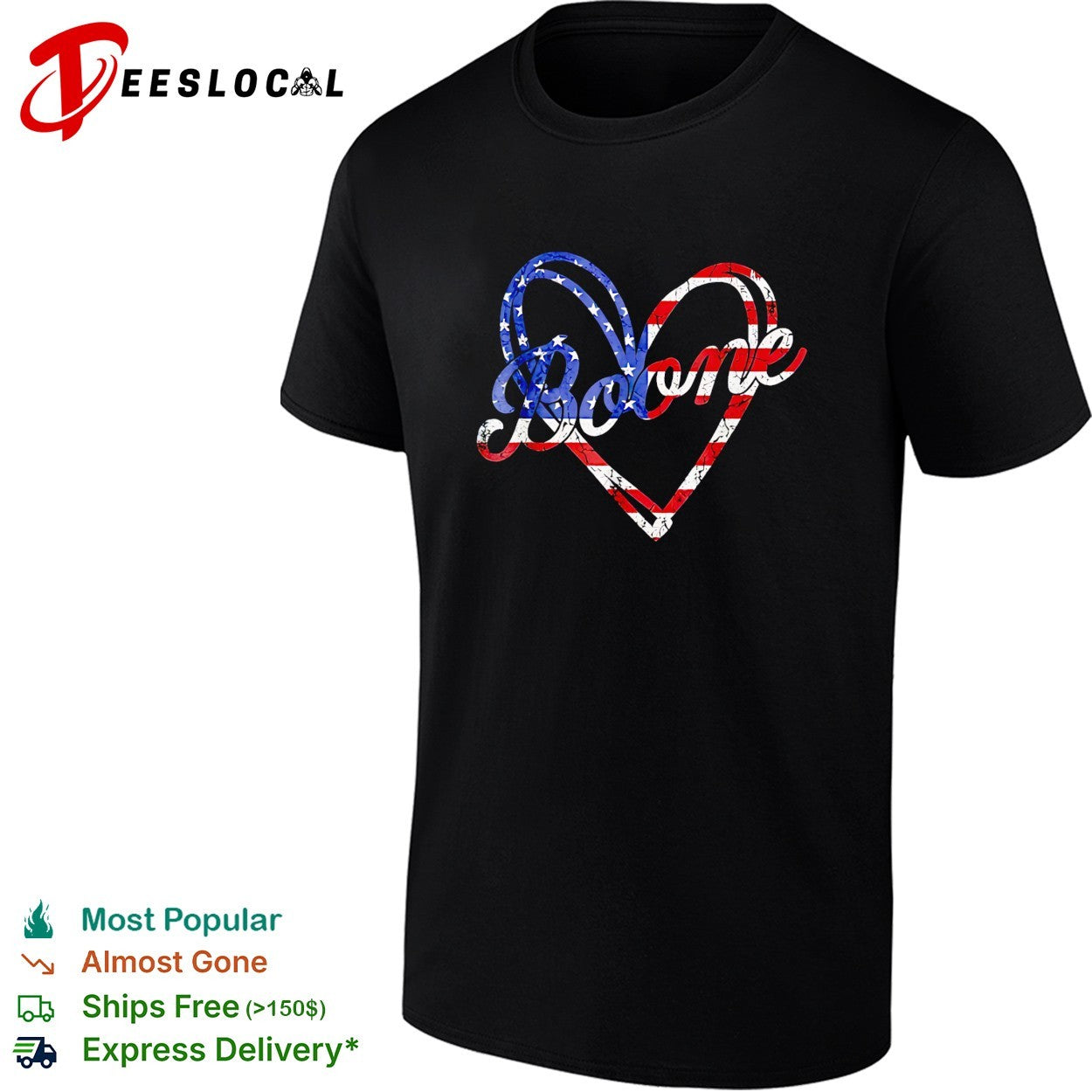 Boone cursive script name traced inside American flag heart shape outline shirt