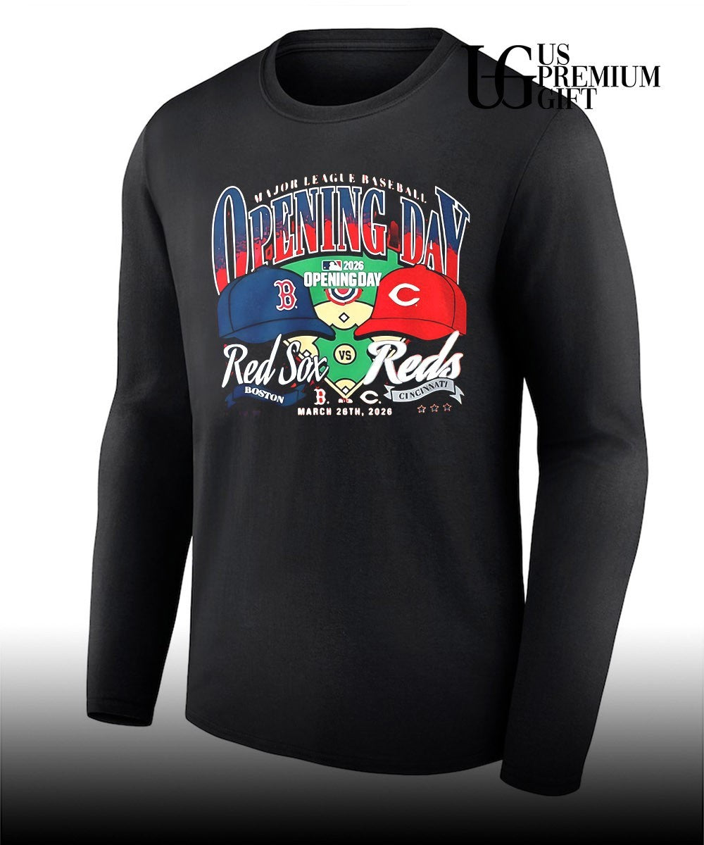 Boston Red Sox vs Cincinnati Reds Major League Baseball 2026 Opening Day helmets shirt