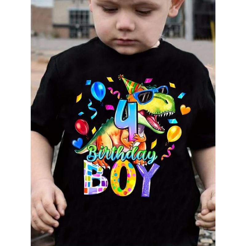 Boys' 4th Birthday Dinosaur T-Shirt - Colorful Party Print, Comfortable Cotton, Casual Short Sleeve Crew Neck, Machine Washable Summer Top
