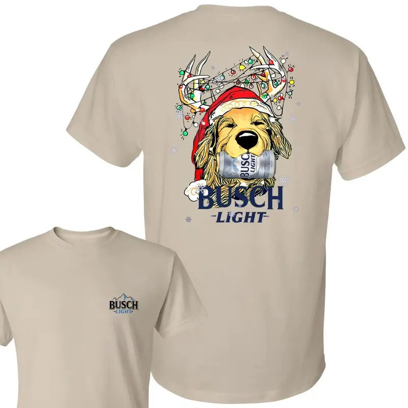 Busch Light Christmas Golden Dog 2 Sided T-shirt, Busch Light Christmas Gift Outdoors Funny Beer Shirt, Busch Light Christmas T-shirt Full Color For Men And Women, Christmas Gifts Funny Beer Trendy T-Shirt