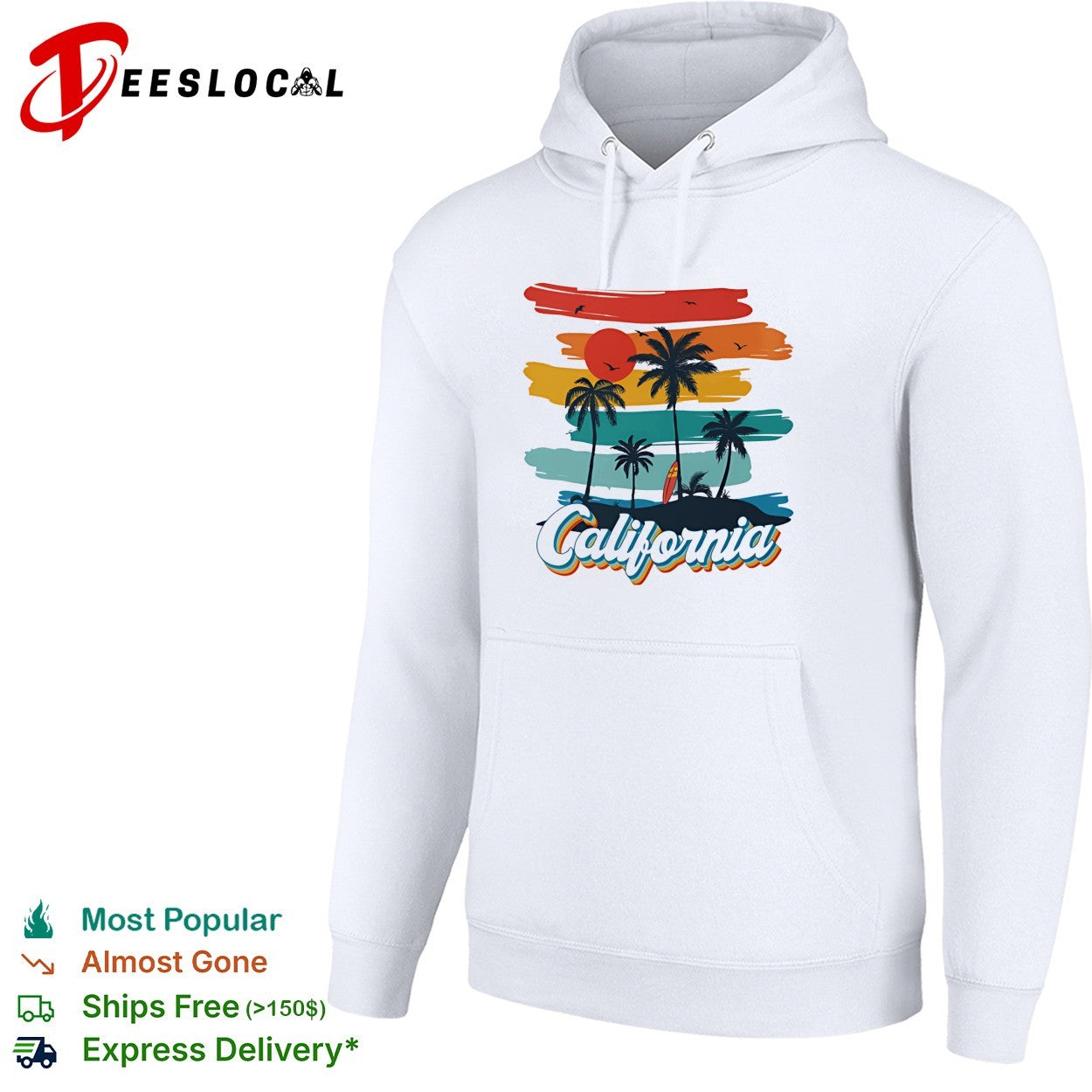 California retro sunset palm trees and surfboard on beach silhouette poster shirt