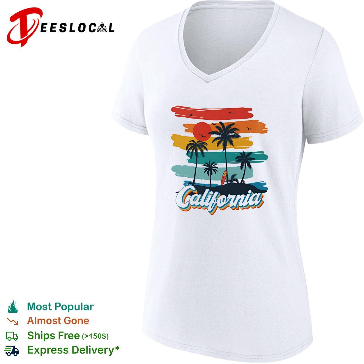 California retro sunset palm trees and surfboard on beach silhouette poster shirt