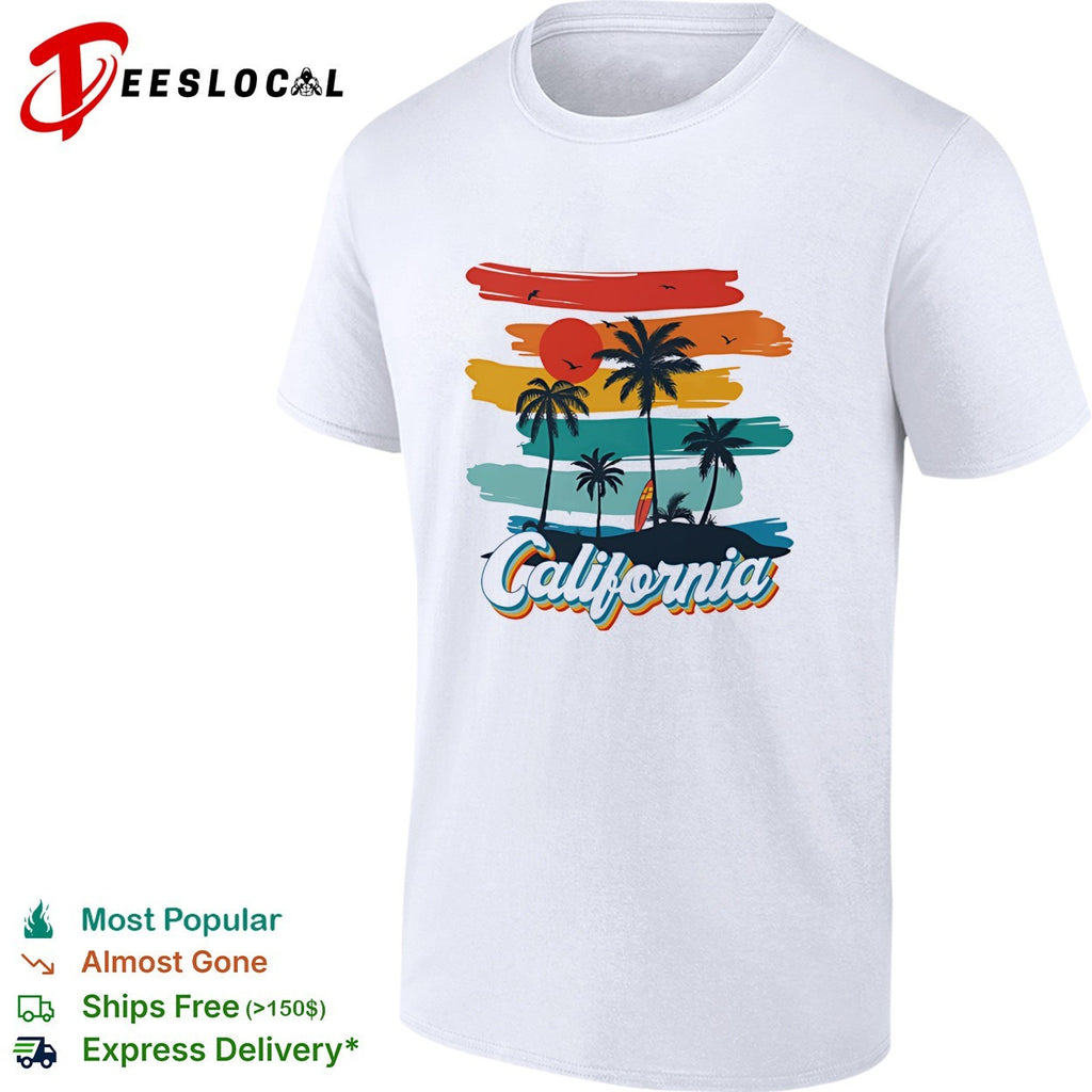 California retro sunset palm trees and surfboard on beach silhouette poster shirt