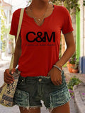 Camilla and Marc Letter Print T-Shirt, Trendy Summer Casual Fitted V-Neck Short Sleeve Top, Stylish Women's Apparel
