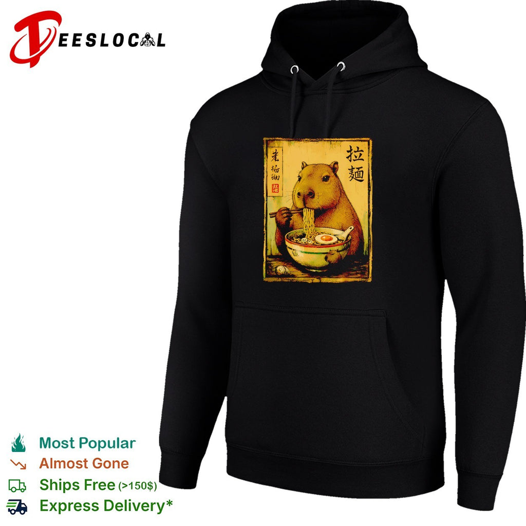Capybara sitting and eating a bowl of ramen noodles with chopsticks Japanese shirt