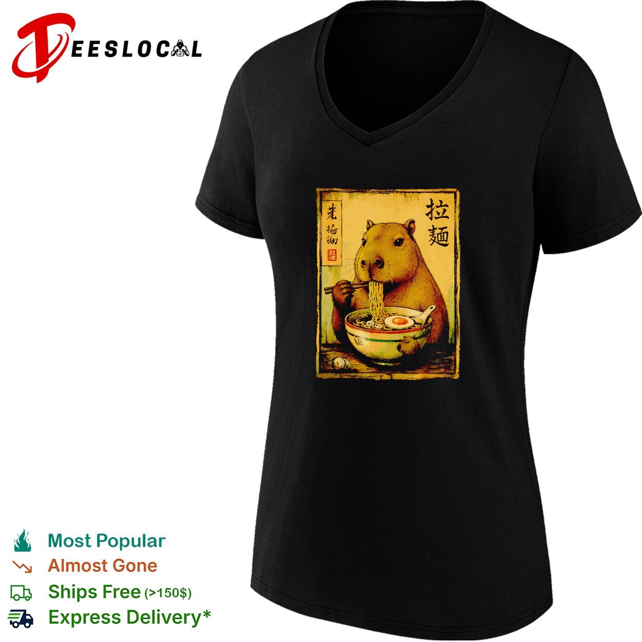 Capybara sitting and eating a bowl of ramen noodles with chopsticks Japanese shirt