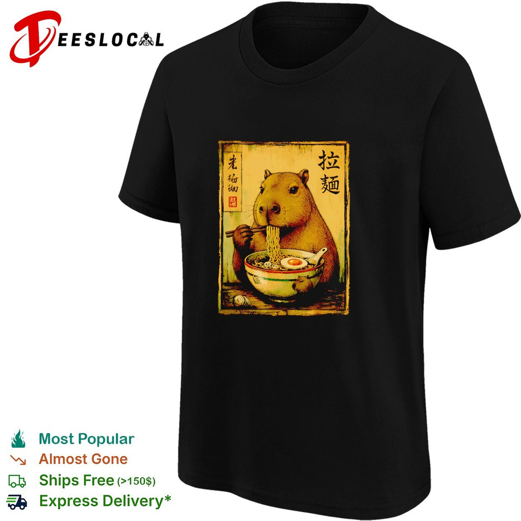 Capybara sitting and eating a bowl of ramen noodles with chopsticks Japanese shirt