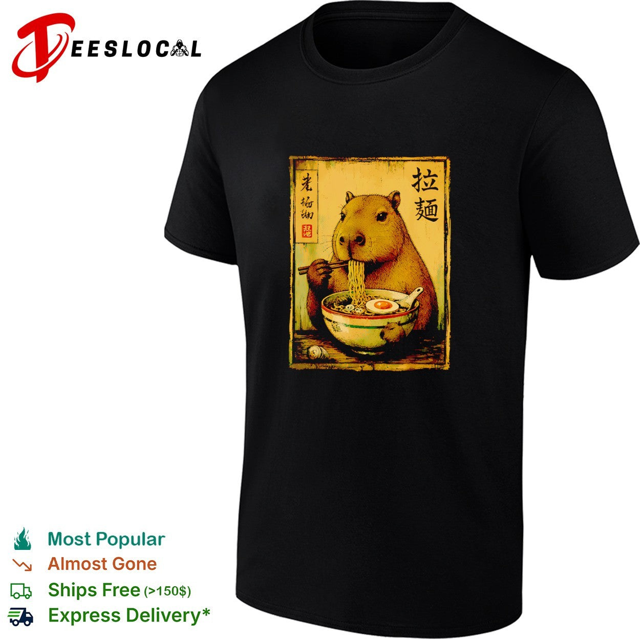 Capybara sitting and eating a bowl of ramen noodles with chopsticks Japanese shirt