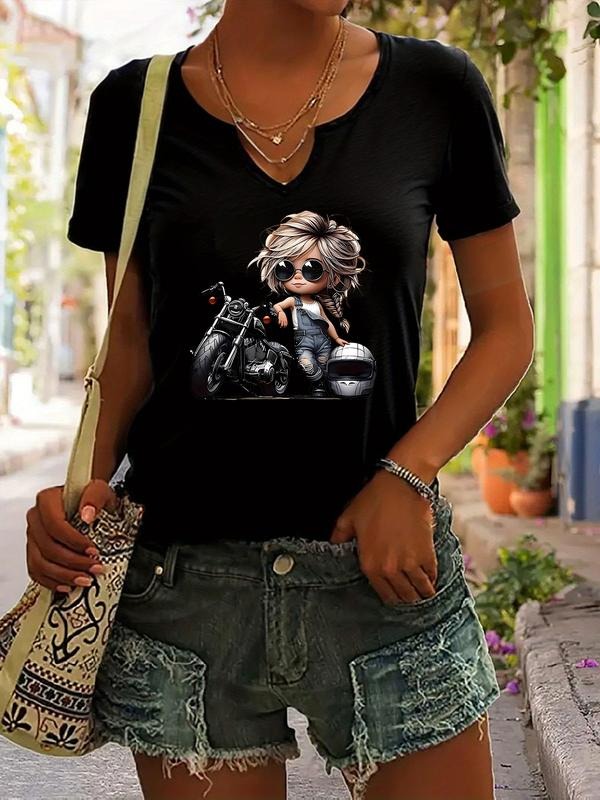 Cartoon Girl Motorcycle Graphic Print T-Shirt, Trendy Women's Casual V Neck Short Sleeve Summer Top, Stylish Ladies Fashion