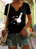 Cartoon Goose with Nurse Cap and Sunglasses, Cuff 'em Print Casual V Neck T-Shirt for Women, Trendy Summer Short Sleeve Top