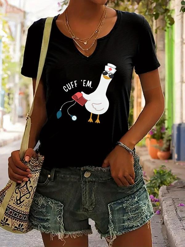 Cartoon Goose with Nurse Cap and Sunglasses, Cuff 'em Print Casual V Neck T-Shirt for Women, Trendy Summer Short Sleeve Top