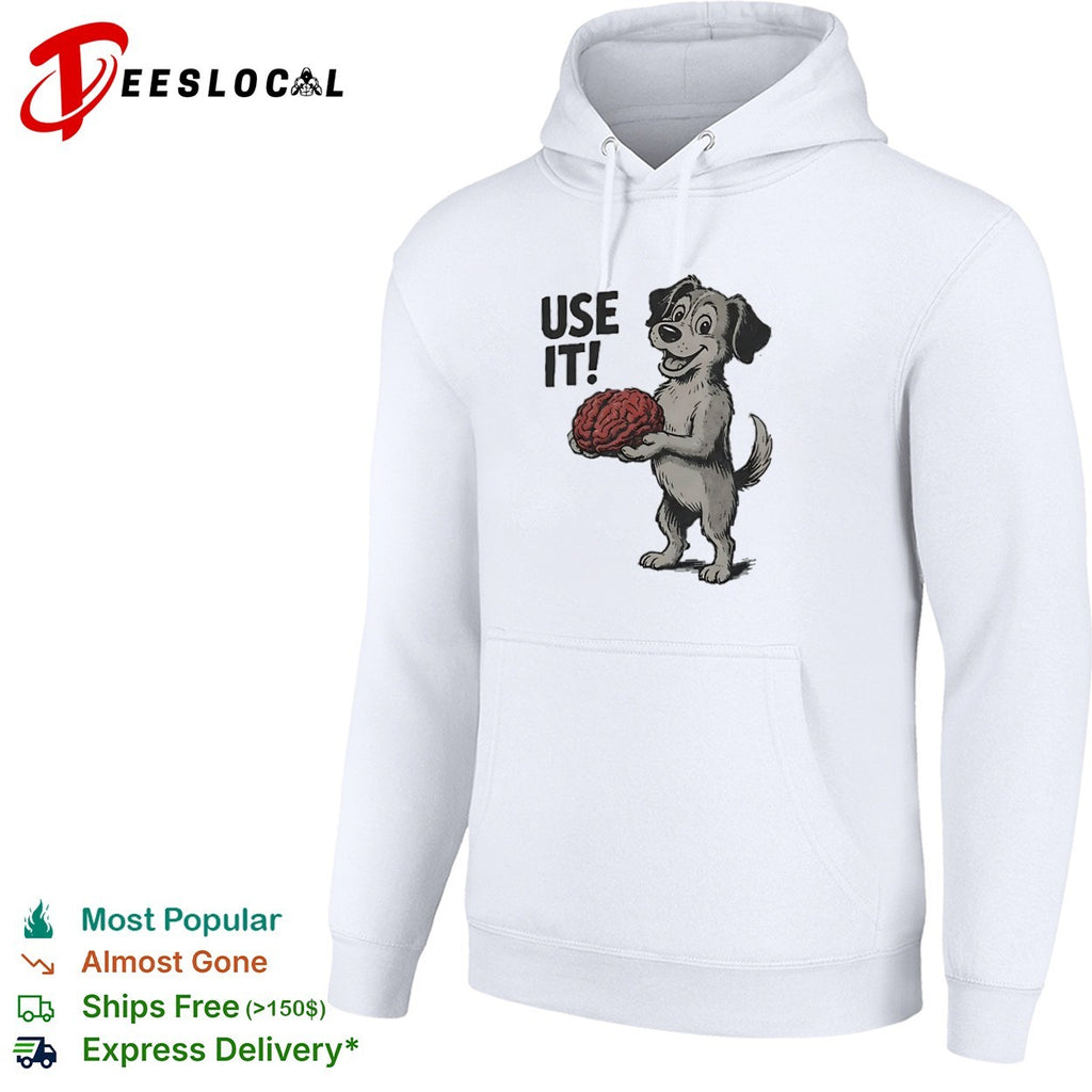 Cartoon dog smiling and holding a large brain use it meme shirt