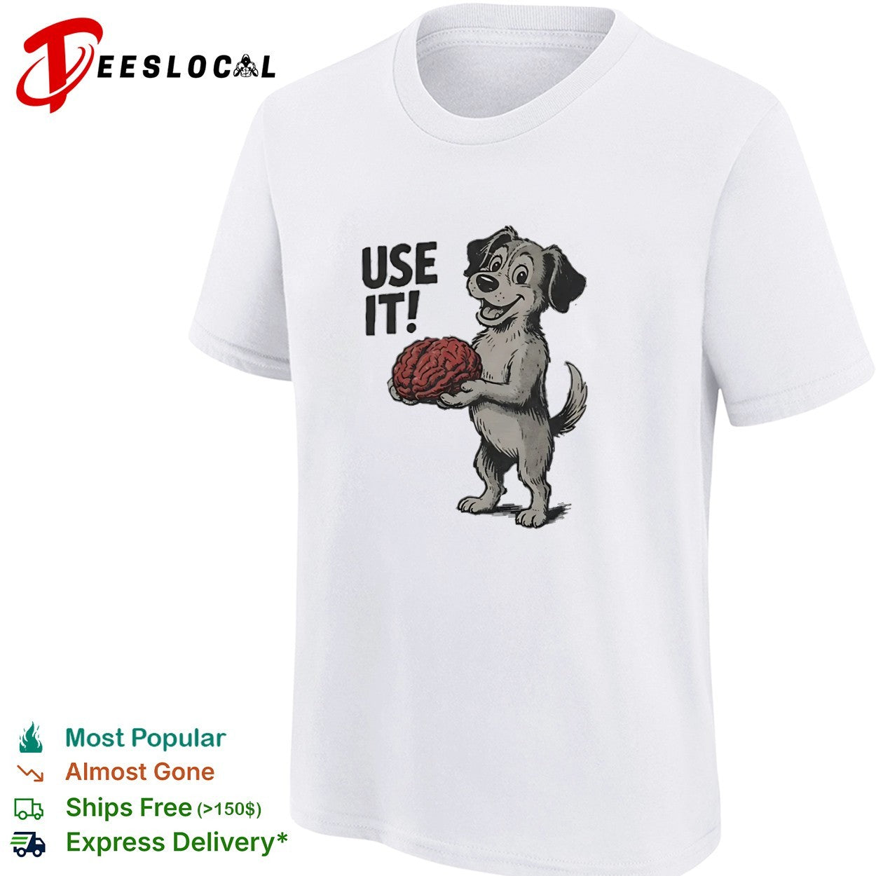 Cartoon dog smiling and holding a large brain use it meme shirt
