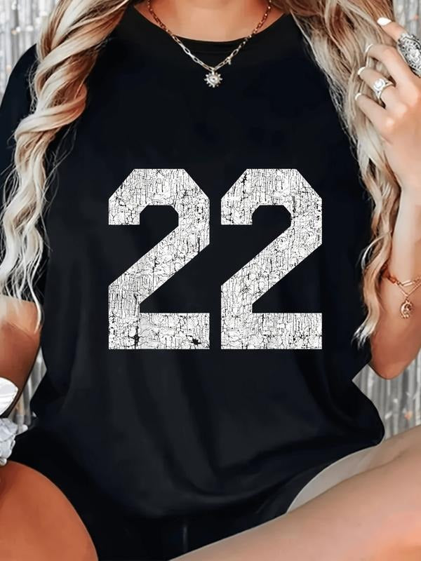 Casual Women S Crew Neck Polyester T Shirt with Number 22 Applique Short Sleeve High Stretch Regular Fit Seasonal Top