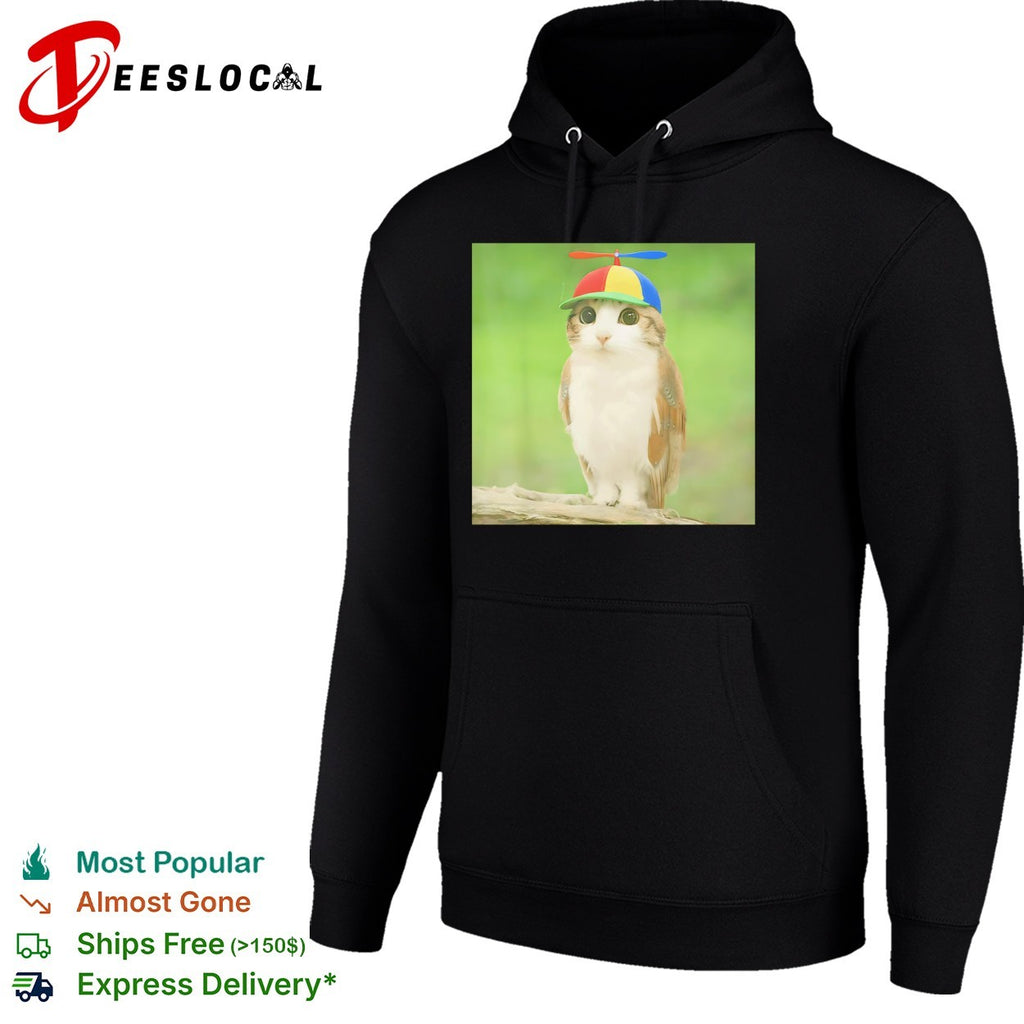 Cat owl hybrid creature propeller hat shirt