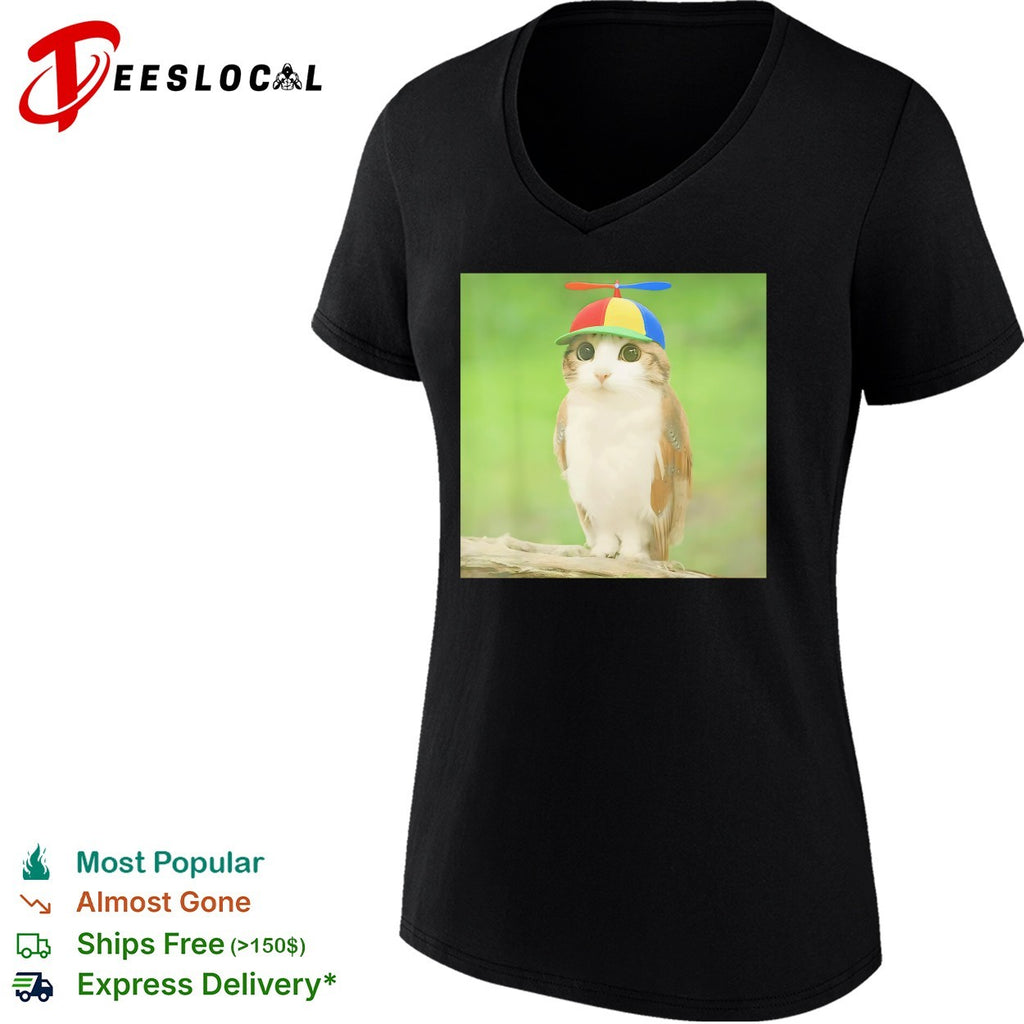 Cat owl hybrid creature propeller hat shirt