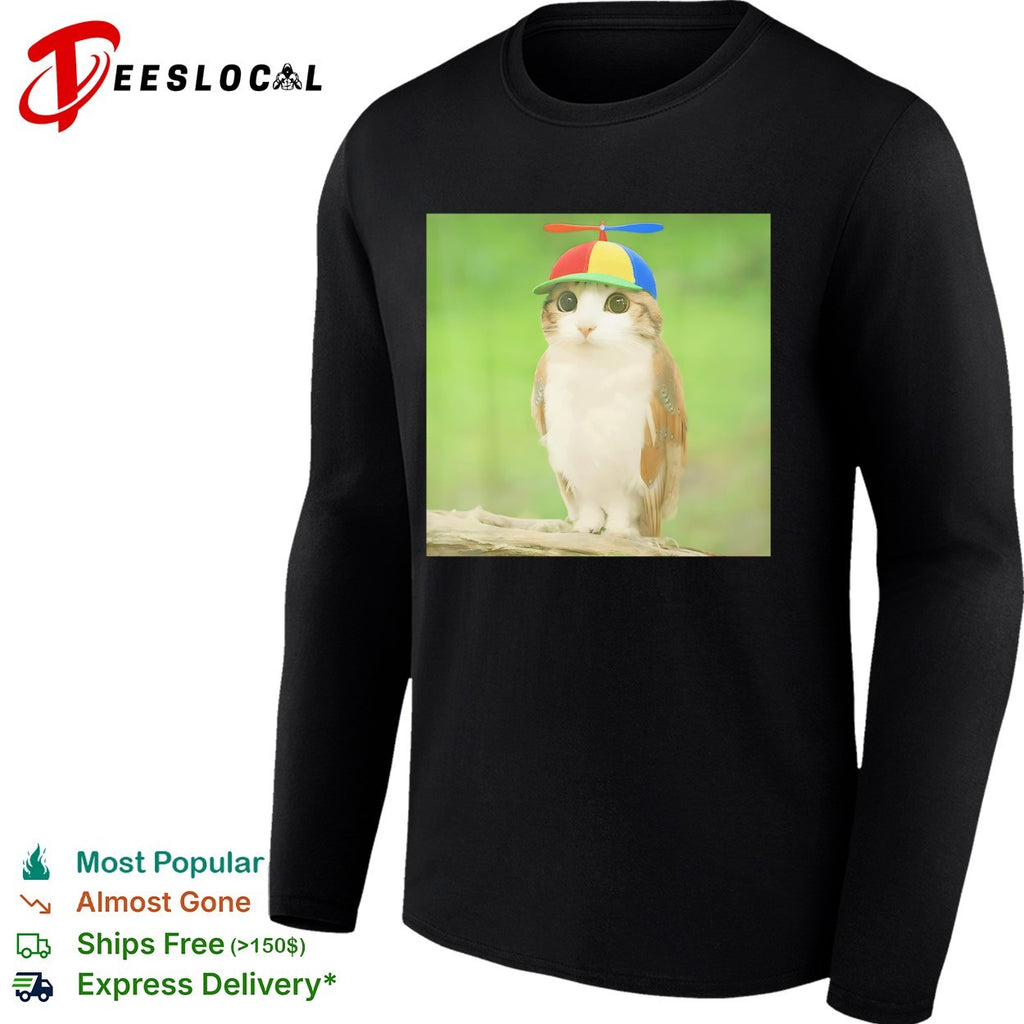 Cat owl hybrid creature propeller hat shirt
