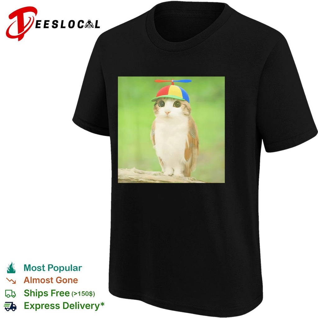 Cat owl hybrid creature propeller hat shirt