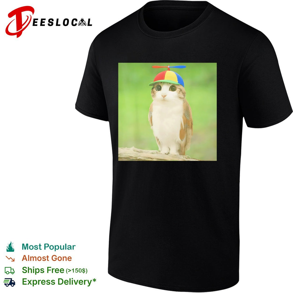 Cat owl hybrid creature propeller hat shirt