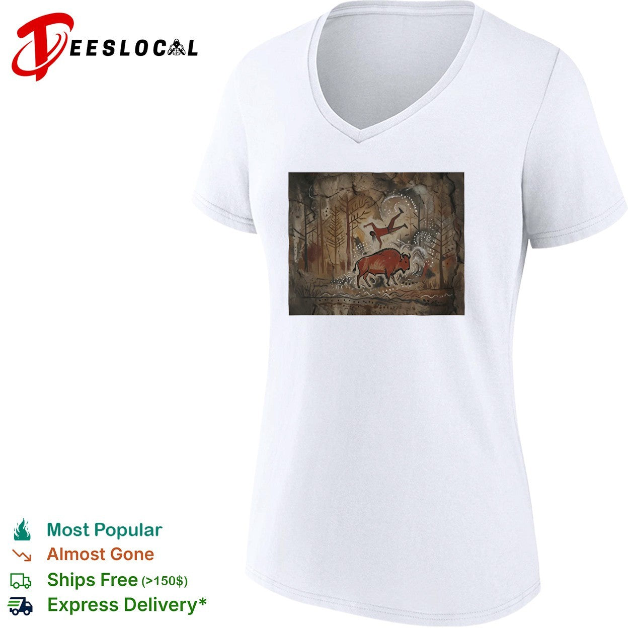 Cave Painting Style Bison and Hunter prehistoric art shirt