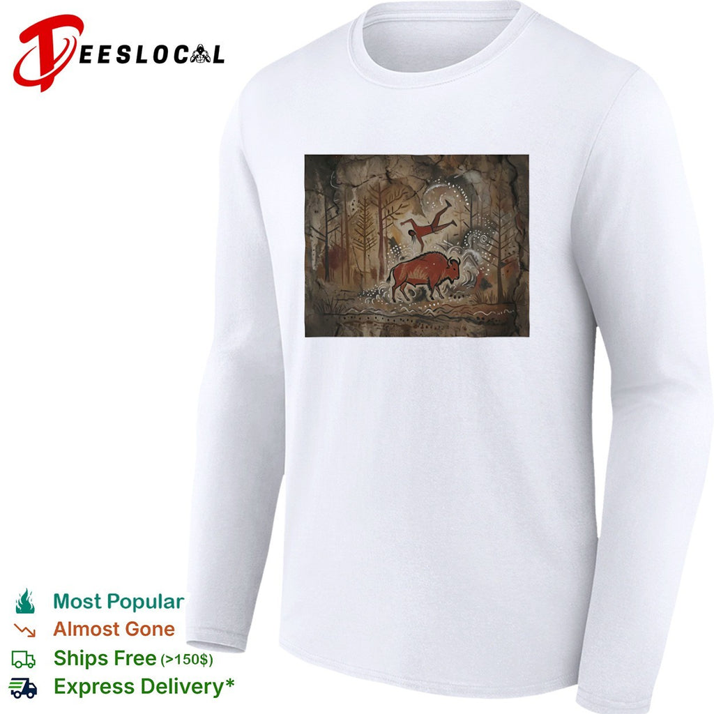 Cave Painting Style Bison and Hunter prehistoric art shirt