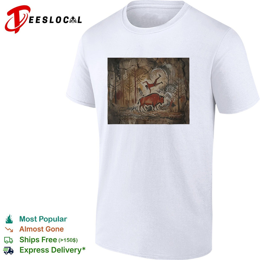 Cave Painting Style Bison and Hunter prehistoric art shirt