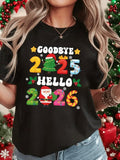 Celebrate the Holiday Season with a Festive Women's Christmas Goodbye 2025 Hello 2026 T Shirt Black Crew Neck Top Featuring Santa and Playful Design Perfect for Holiday Parties Casual Wear and Seasonal Celebrations