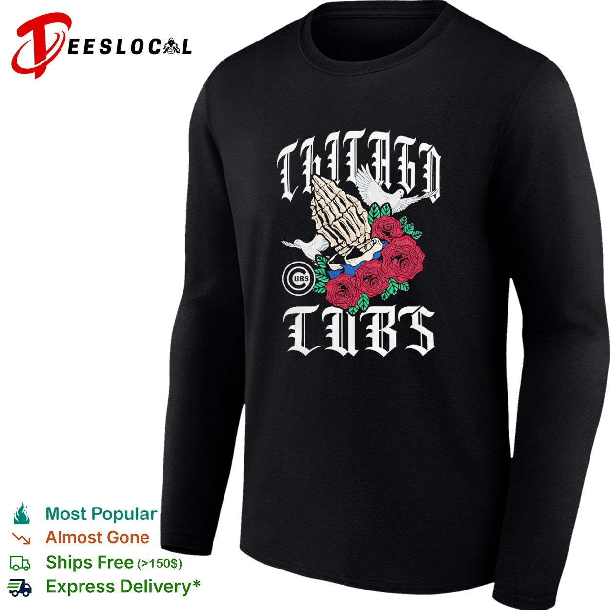 Chicago Cubs Skeleton Hands Praying Roses and Doves shirt