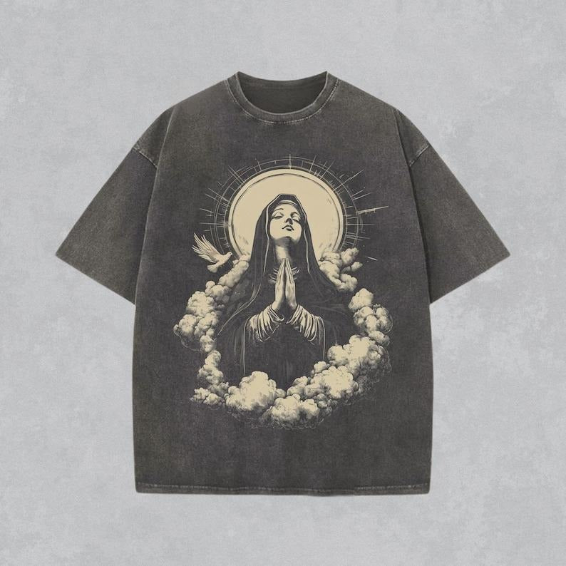 Christian Shirt Virgin Mary Graphic Tshirt Faith Comfort Unisex Tee Christmas or Easter Gift Holy Spirit Prayer Church T-shirt, Washed denim T-shirt, high quality T-shirt