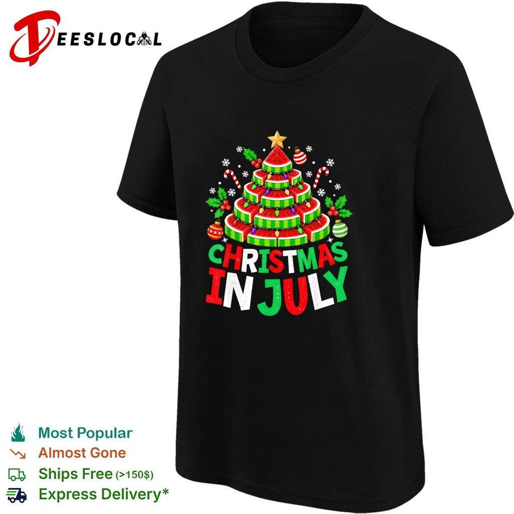 Christmas in July watermelon layered tree with string lights candy canes ornaments shirt