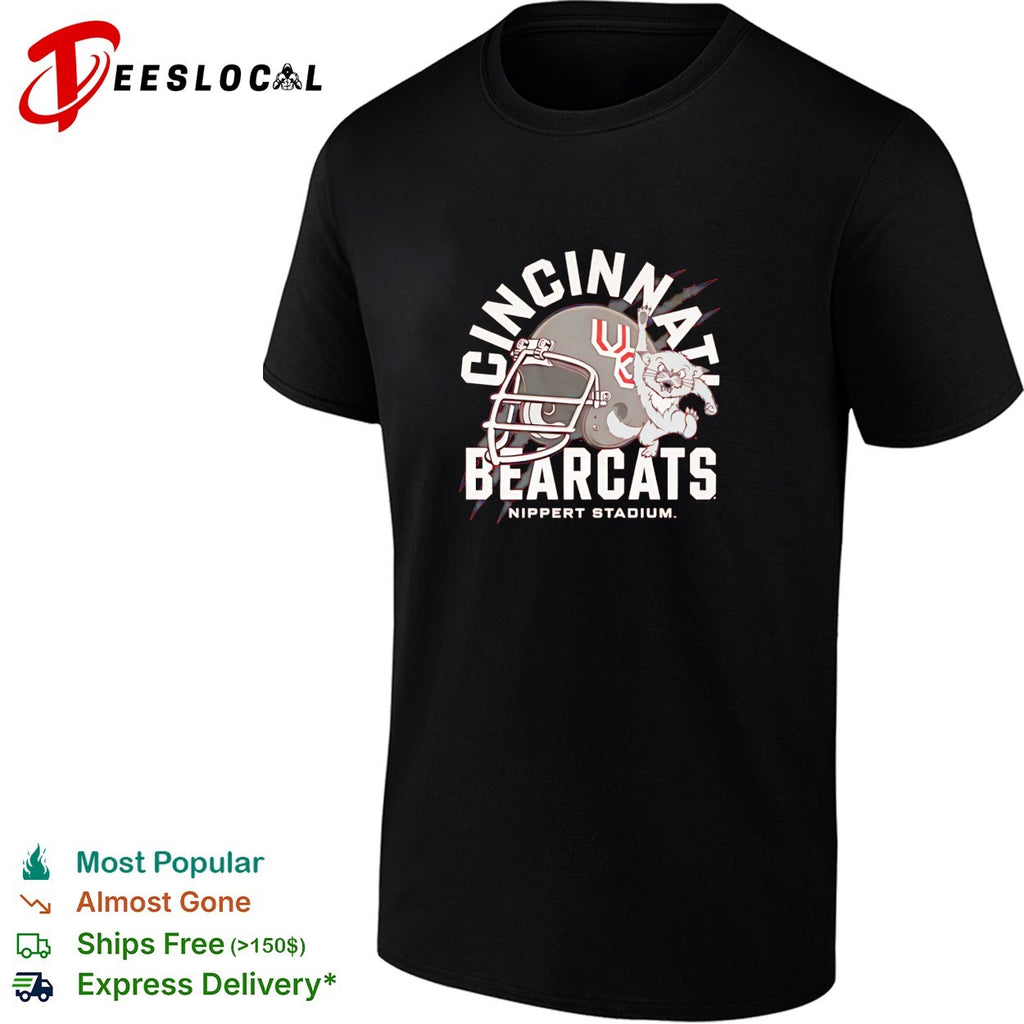 Cincinnati Bearcats football helmet with mascot bearcat Nippert Stadium shirt
